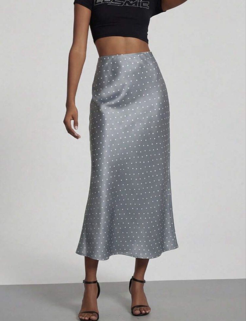 Blue-Grey Polka Dot Satin Midi Skirt (Category: Skirts) located in Manila. Submitted by urpradabae (Listing ID 1453731718, Image 1). Description: Blue Gray Satin Long Skirt. Brand new, never worn. RFS: Kinda loose on me.