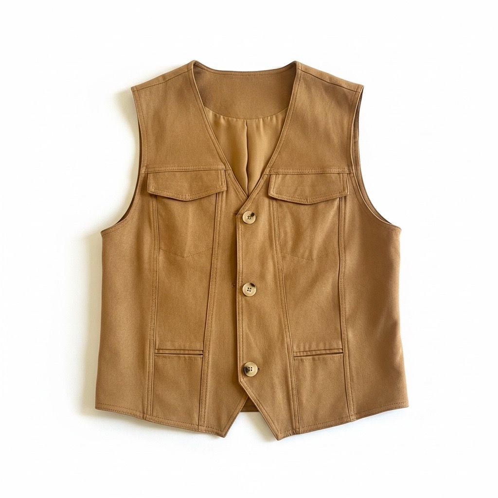 Brown Utility Vest with Button Closure and Pockets (Category: Vests) located in Muntinlupa City. Submitted by ssrmjrr (Listing ID 1453752494, Image 1). Description: - Classic brown utility vest - Button-up front closure - Two chest pockets - Two lower pockets - Fully lined interior - Ideal for layering with shirts or sweaters.