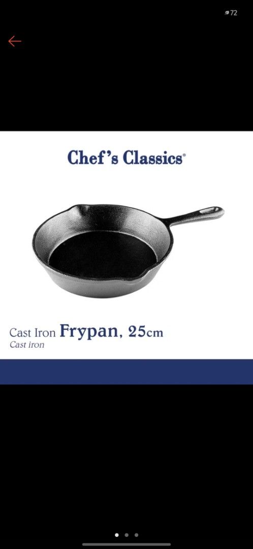 Chef's Classics Cast Iron Frypan 25cm (Category: Cookware & Accessories) located in Pasig City. Submitted by wormy (Listing ID 1453800311, Image 1). Description: - Brand: Chef's Classics - Type: Cast Iron Frypan - Size: 25cm - Material: Durable Cast Iron - Features: Even heat distribution, versatile for various cooking methods. - No rust but might need reseasoning.