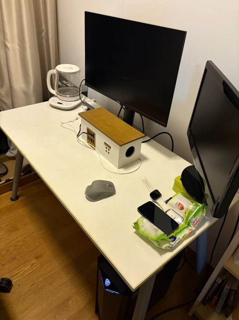 Computer & Study table (Category: Tables & Sets) located in Singapore. Submitted by JamieHudson (Listing ID 1453766991, Image 3). Description: Dimension: height is ~70cm, length is ~120cm, width is ~60cm 1. Spacious white tabletop — comfortably fits dual monitors, mechanical keyboard, mouse, and a full desktop tower underneath 2. Slim metal tube legs — lightweight yet stable, with adjustable feet for uneven flooring 3. Versatile size — works well
