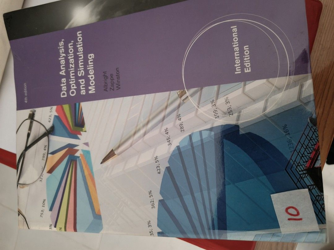 Data Analysis, Optimization, Simulation, and Modeling 4th Edition (Category: Textbooks) located in Singapore. Submitted by declutterorganise (Listing ID 1453665035, Image 1). Description: - (10)Title: Data Analysis, Optimization, Simulation, and Modeling - Edition: 4th Edition (International) - Authors: Albright, Zappe, Winston - Publisher: South-Western Cengage Learning - ISBN-13: 978-0-538-47676-8 - ISBN-10: 0-538-47676-8 - Perfect for students