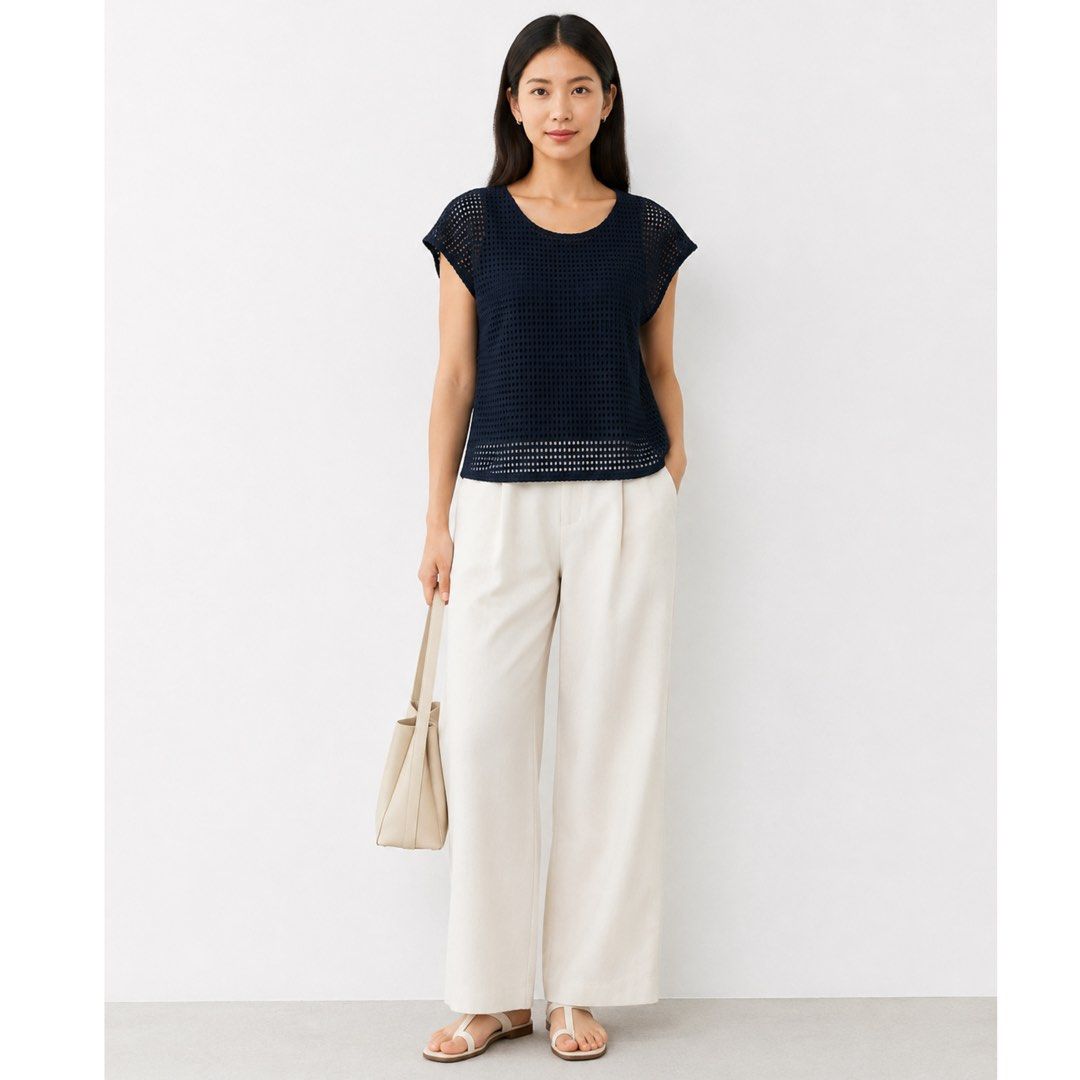 DAYS Japan Navy Mesh Layered Blouse with Attached Inner | Medium (Category: Blouses) located in San Jose del Monte. Submitted by vanessabarredo (Listing ID 1453788867, Image 2). Description: DAYS Japan brand navy blue blouse featuring a breathable open-weave mesh outer layer with an attached inner top for comfortable coverage. Designed with a relaxed silhouette, round neckline, and short cap sleeves—easy to pair with trousers, denim, or a midi sk
