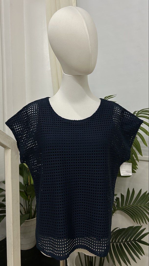 DAYS Japan Navy Mesh Layered Blouse with Attached Inner | Medium (Category: Blouses) located in San Jose del Monte. Submitted by vanessabarredo (Listing ID 1453788867, Image 3). Description: DAYS Japan brand navy blue blouse featuring a breathable open-weave mesh outer layer with an attached inner top for comfortable coverage. Designed with a relaxed silhouette, round neckline, and short cap sleeves—easy to pair with trousers, denim, or a midi sk
