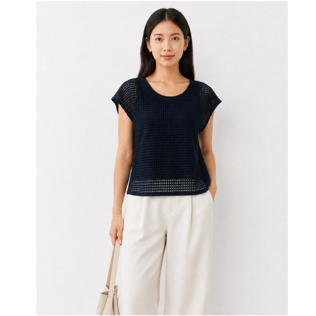 DAYS Japan Navy Mesh Layered Blouse with Attached Inner | Medium (Category: Blouses) located in San Jose del Monte. Submitted by vanessabarredo (Listing ID 1453788867, Image 1). Description: DAYS Japan brand navy blue blouse featuring a breathable open-weave mesh outer layer with an attached inner top for comfortable coverage. Designed with a relaxed silhouette, round neckline, and short cap sleeves—easy to pair with trousers, denim, or a midi sk