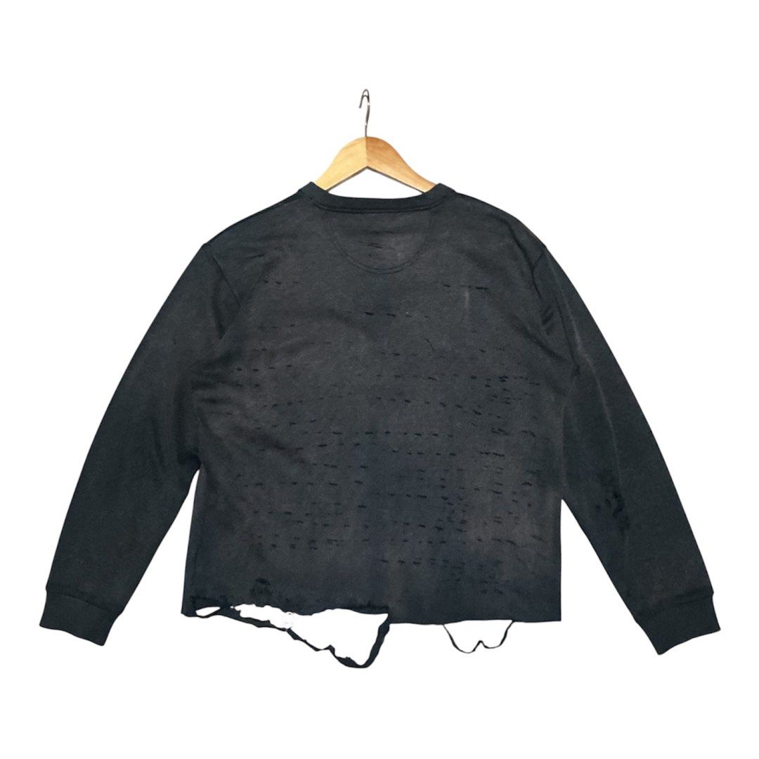 Distressed Grey Long Sleeve Sweatshirt with Pocket (Category: Coats, Jackets and Outerwear) located in Naga. Submitted by eunhasowon12391 (Listing ID 1453755080, Image 2). Description: - Grey long sleeve sweatshirt - Button-up neckline - Chest pocket - Intentionally distressed and ripped fabric - Raw hem with unique bottom detail - Ideal for a streetwear aesthetic.