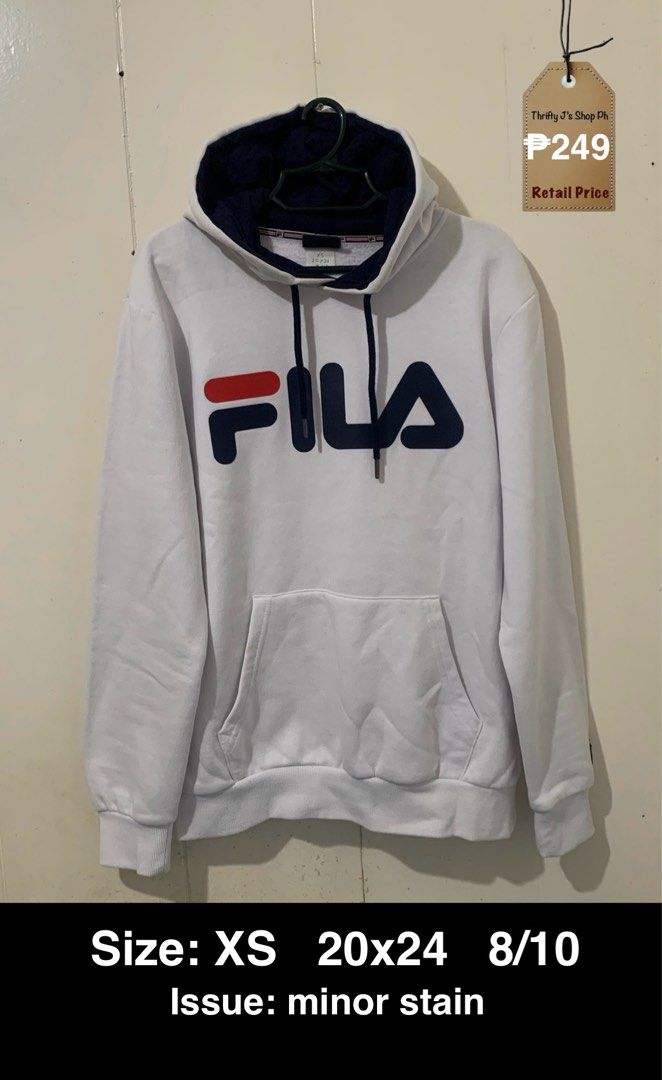 Fila White Hoodie XS (Category: Hoodies) located in Santa Rosa. Submitted by thriftyjs (Listing ID 1453713771, Image 1). Description: - White Fila hoodie - Size XS - Measurements: 20 inches (width) x 24 inches (length) - Minor stain present (please check photos for details) - Overall condition: 8/10 - Ideal for everyday casual wear.