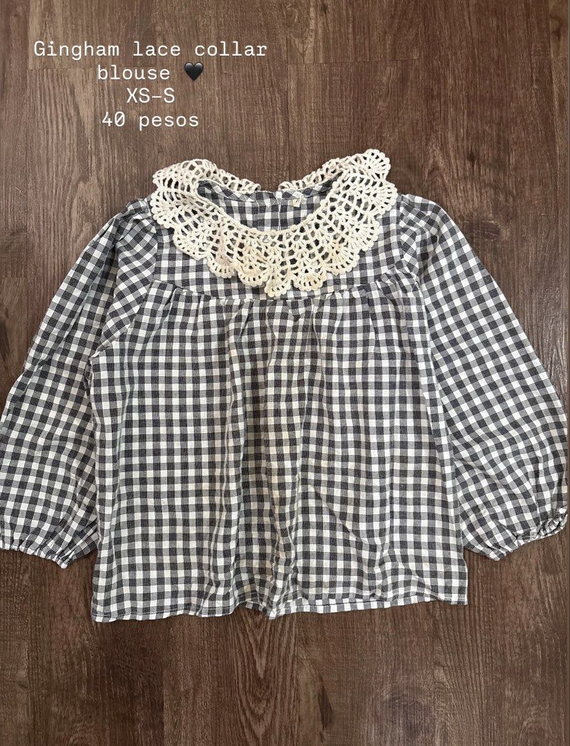 Gingham Lace Collar Blouse (Category: Blouses) located in Rizal. Submitted by decluttch (Listing ID 1453636943, Image 1). Description: - Adorable gingham blouse - Features a delicate crochet lace collar - Long sleeves with comfortable elastic cuffs - Fits sizes XS to S - Perfect for both casual outings and dressier occasions.