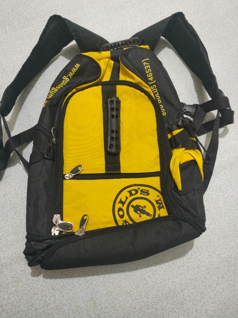 Gold's Gym Yellow and Black Backpack (Category: Backpacks) located in General Santos City (Dadiangas). Submitted by rjb21 (Listing ID 1453761692, Image 1). Description: - Yellow and black Gold's Gym backpack - Multiple pockets and zippers for organization - Adjustable straps for a comfortable fit - Perfect for gym sessions or everyday carry - Please check photos for writing on the straps.