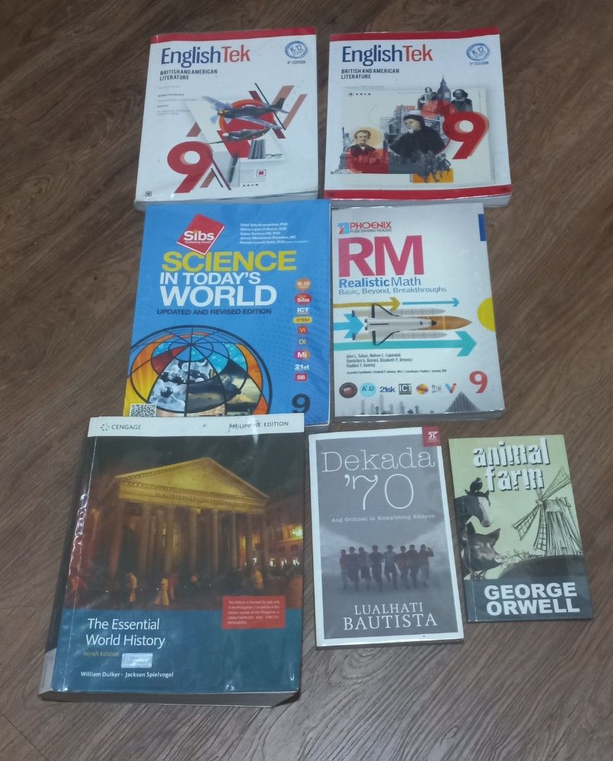 Grade 9 Textbooks OBMC (Category: Textbooks) located in Pasig City. Submitted by oliviacj25 (Listing ID 1453742541, Image 1). Description: Grade 9 Textbook Bundle OBMC Subjects: - EnglishTek (British & American Literature) Worktext - 500.00 (minimal answers) - EnglishTek (British & American Literature) Literary Anthology - 600.00 (like new) - Science in Today's World - 550.00 (like new) - Realistic Math 500.00 (like new) - The Essential World His