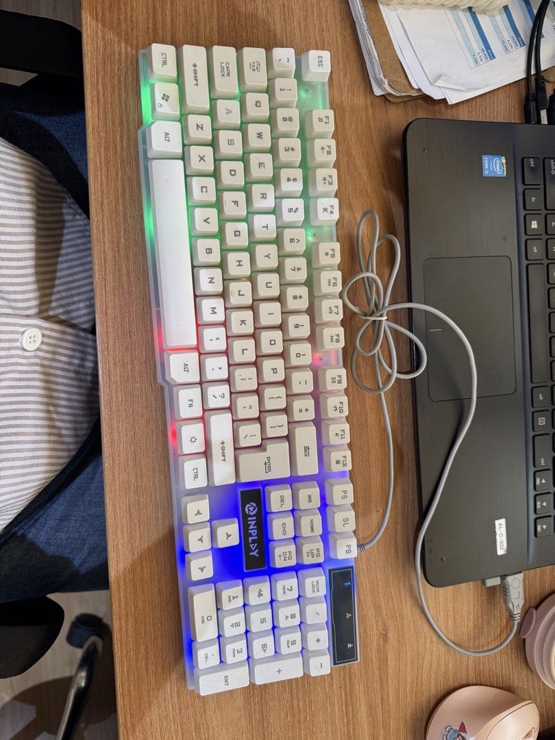 INPLAY Mechanical Gaming Keyboard White RGB Backlit (Category: Computer Keyboard) located in Quezon City. Submitted by mikcatrinaj (Listing ID 1453659670, Image 2). Description: - White Mechanical Keyboard with RGB Lighting - Full-size layout with dedicated number pad - Wired USB connection - Ideal for gaming and everyday typing - Tested and confirmed working - Shows light signs of use on keycaps.