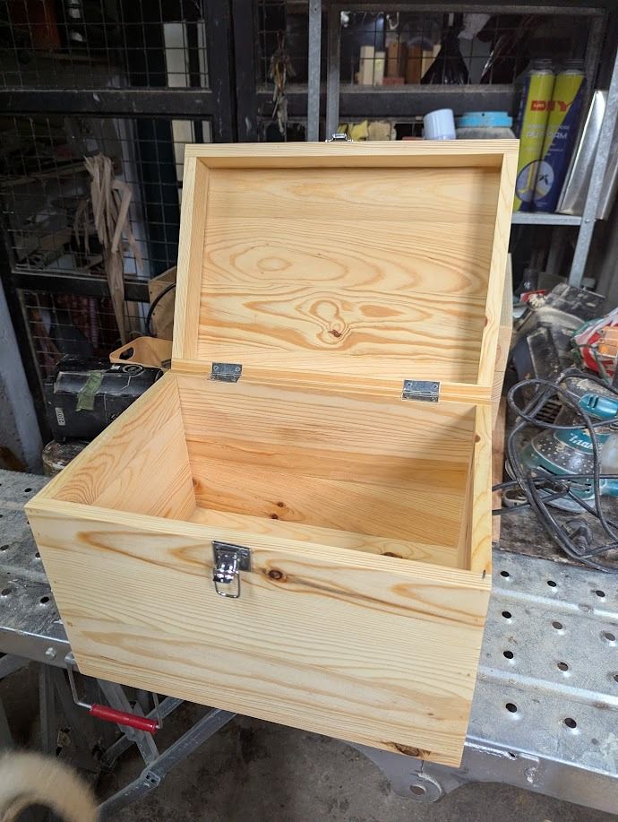 Marikina Made Solid Pinewood Storage Box Chest (Category: Storage Boxes & Baskets) located in Marikina City. Submitted by maybaleta (Listing ID 1453740770, Image 3). Description: - Handmade wooden storage box - Made from solid 0.5-inch pinewood - Features sturdy hinges and a secure latch - Ideal for storing keepsakes, gifts, or home organization - Available in multiple sizes - Locally made in Marikina City - Pickup or shipping options available.