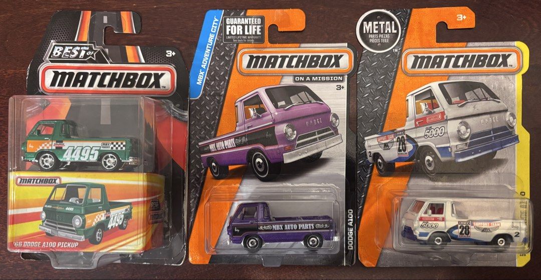 Matchbox Dodge A100 Pickup Trucks - 3 Variations (Category: Vehicle & Diecast Models) located in Manila. Submitted by picker69 (Listing ID 1453713666, Image 1). Description: - Set of 3 Matchbox Dodge A100 Pickup trucks. - Includes: 1 green '66 Dodge A100 Pickup (Best of Matchbox series). - Includes: 1 purple Dodge A100 (Adventure City series). - Includes: 1 white/blue Dodge A100 (On a Mission series). - All items are brand new and in their origin