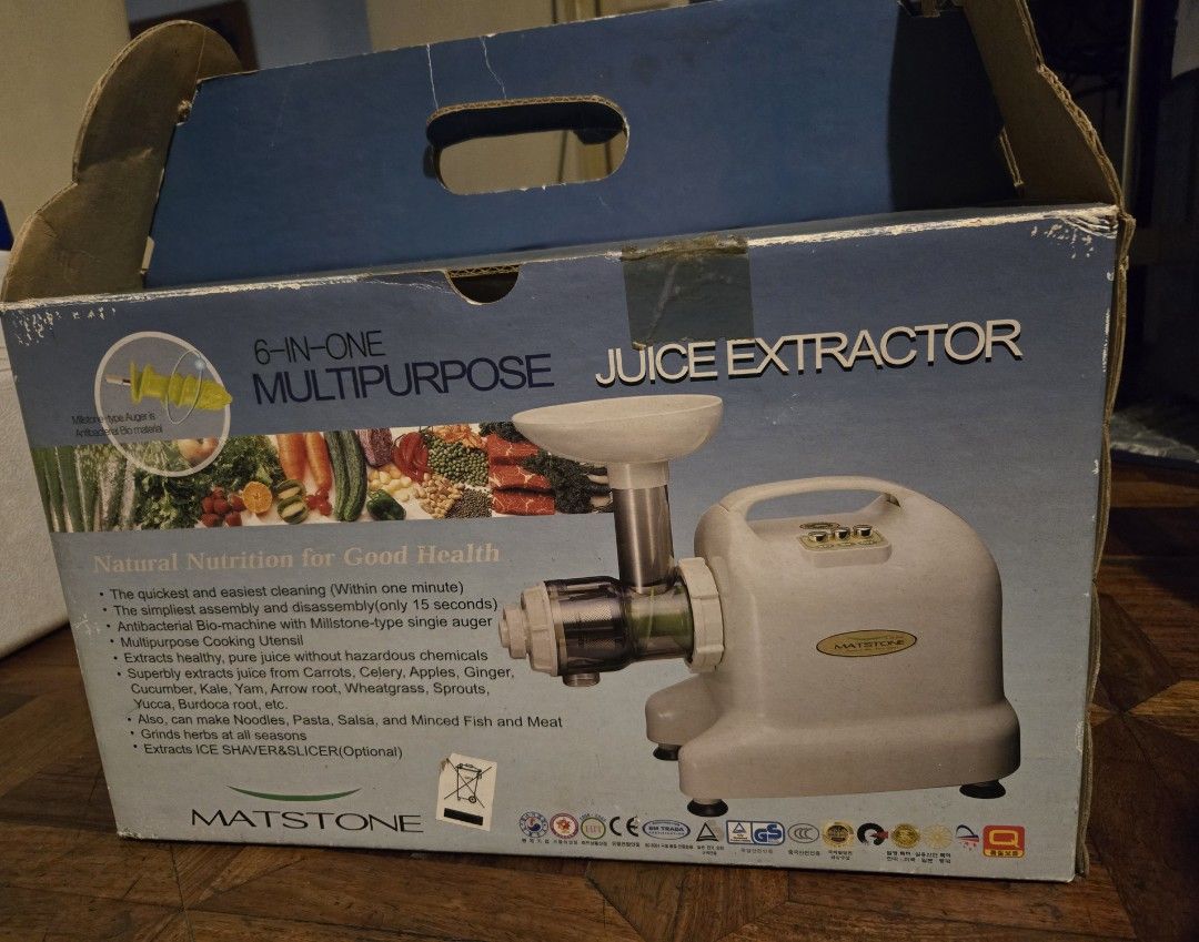 Matstone 6-in-1 Multipurpose Juice Extractor Slow Juicer (Category: Juicers, Blenders & Grinders) located in Quezon City. Submitted by fieldoflove (Listing ID 1453731504, Image 2). Description: bought for Php 16,000 - complete inclusions with owner's manual - good working condition - well used with some cosmetic flaws that do NOT affect performance Natural Nutrition for Good Health The quickest and easiest cleaning (Within one minute) The simplie