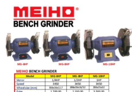 Meiho. Bench. Grinder & Buffing. Machine (Category: Industrial Equipment) located in Manila. Submitted by charles_merchandise (Listing ID 1453632218, Image 1). Description: Meiho. Bench. Grinder Model : MG - 6HP Motor : 1/4 HP. Speed. : 3450 Model : MG - 8HP Motor : . 1/2hp. Speed. : 3450 Model. : MG - 10HP Motor. : 10hp. Speed. : 3450 Meiho. Buffing. Machine Model. : MBM - 200 Motor. : 1.0hp. Speed. : 3450 pm. me. txt. and. call. cel. no. 092280