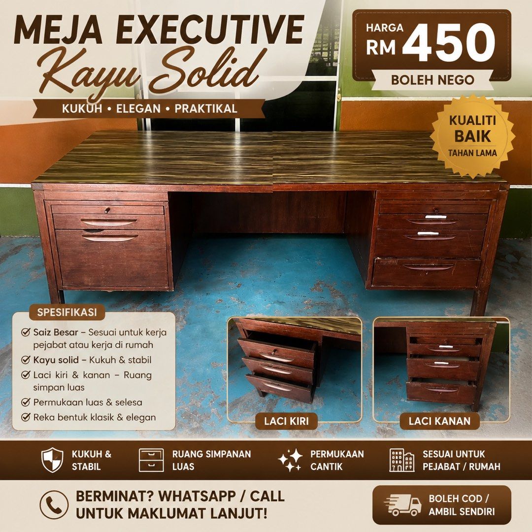 Meja kayu solid (Category: Other Home Furniture) located in Kuala Lumpur. Submitted by wisefalcon.d5923a (Listing ID 1453623980, Image 1). Description: Harga bole nego lagi.