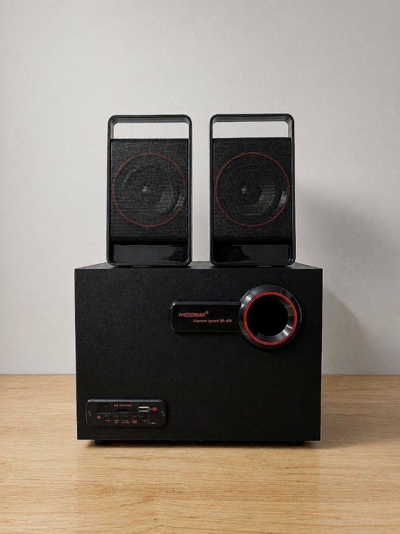 Micromax SP-401 Speaker System with Subwoofer (Category: Soundbars, Speakers & Amplifiers) located in Manila. Submitted by nics.0007 (Listing ID 1453650766, Image 1). Description: - Micromax 2.1 Speaker System - Includes Subwoofer and 2 Satellite Speakers - SD Card and USB Inputs for Music Playback - Controls: Input, Volume, Play/Pause, Next, EQ, LED LOC NORTH CALOOCAN.