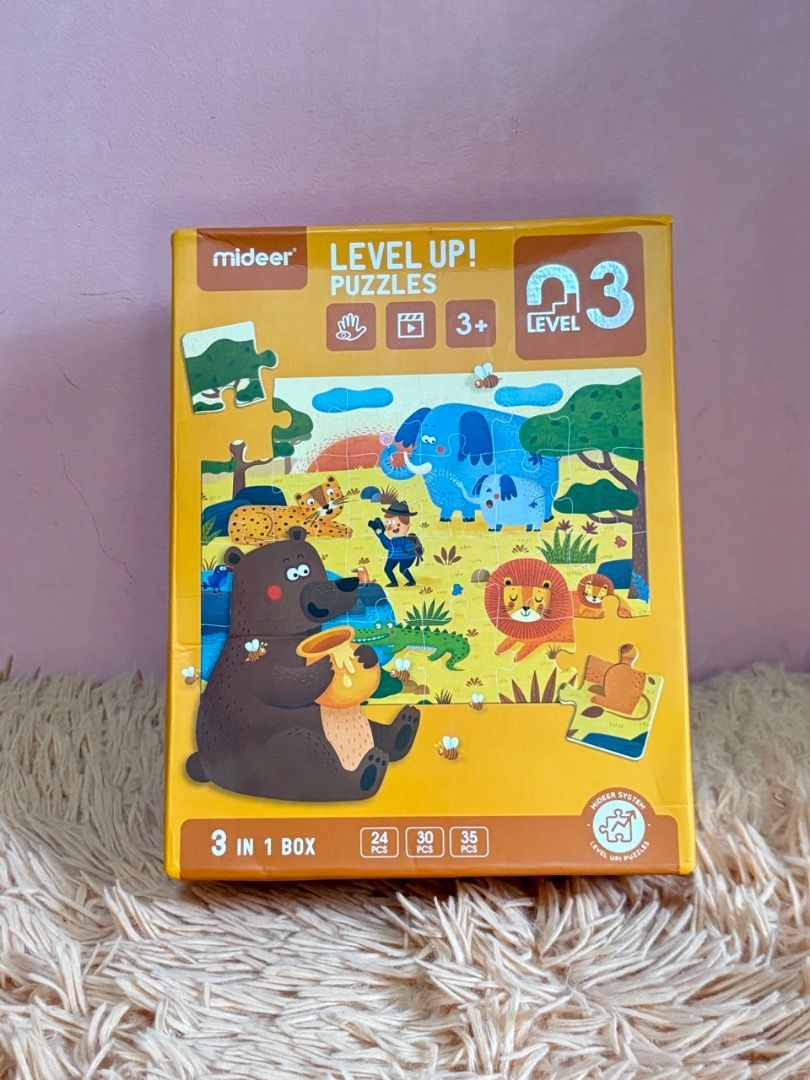 Mideer Level Up Kids Progressive Puzzles Level 3 (Category: Educational & Learning Toys) located in Balanga. Submitted by chaiee.btn (Listing ID 1453724620, Image 2). Description: *has 3 puzzle sets increasing in puzzle pieces (24-30-35) good for 3-5 yrs old *with complete accessories (sticker rewards, certificate of completion, parent manual, puzzle guides) *only issue is box is a bit dented Please check photos for actual condition. “As is basis