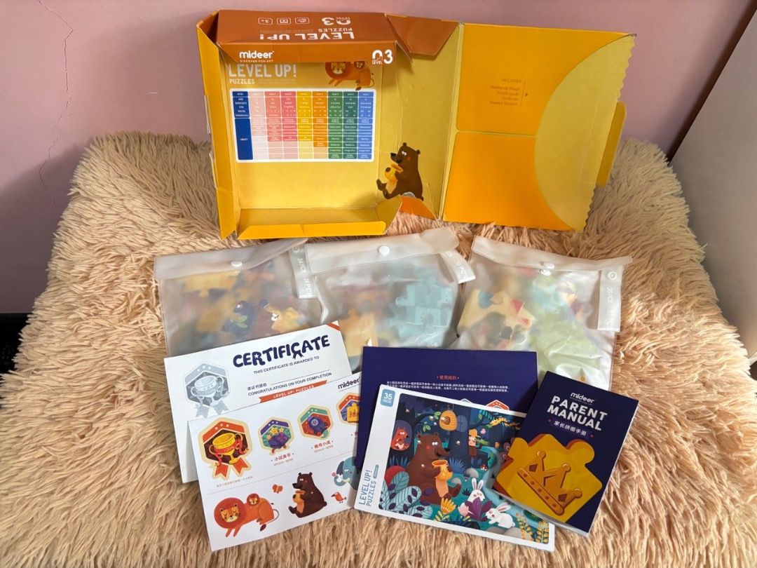 Mideer Level Up Kids Progressive Puzzles Level 3 (Category: Educational & Learning Toys) located in Balanga. Submitted by chaiee.btn (Listing ID 1453724620, Image 1). Description: *has 3 puzzle sets increasing in puzzle pieces (24-30-35) good for 3-5 yrs old *with complete accessories (sticker rewards, certificate of completion, parent manual, puzzle guides) *only issue is box is a bit dented Please check photos for actual condition. “As is basis