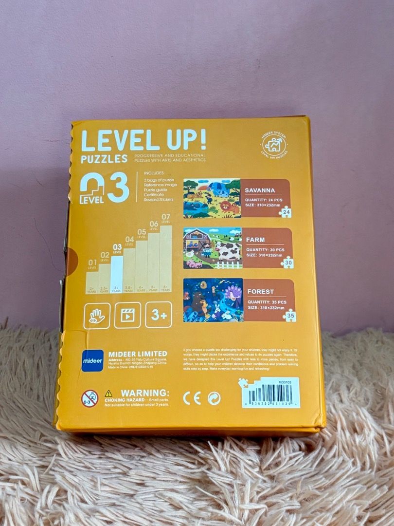 Mideer Level Up Kids Progressive Puzzles Level 3 (Category: Educational & Learning Toys) located in Balanga. Submitted by chaiee.btn (Listing ID 1453724620, Image 3). Description: *has 3 puzzle sets increasing in puzzle pieces (24-30-35) good for 3-5 yrs old *with complete accessories (sticker rewards, certificate of completion, parent manual, puzzle guides) *only issue is box is a bit dented Please check photos for actual condition. “As is basis
