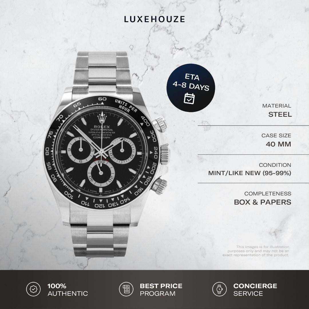 Mint Mar 2024 Rolex Daytona Godzilla 126500LN 126500 Black Dial Oyster (Category: Watches) located in Singapore. Submitted by luxehouze (Listing ID 1452148280, Image 1). Description: Luxehouze is your trusted marketplace to buy and sell luxury goods. Luxehouze SG Pte Ltd is a licensed luxury goods marketplace and regulated dealer. WHY US? 100% Authentic with Money-Back Guarantee Best Price Program* Curated Collection * T&Cs apply. OUR SERVICES • 