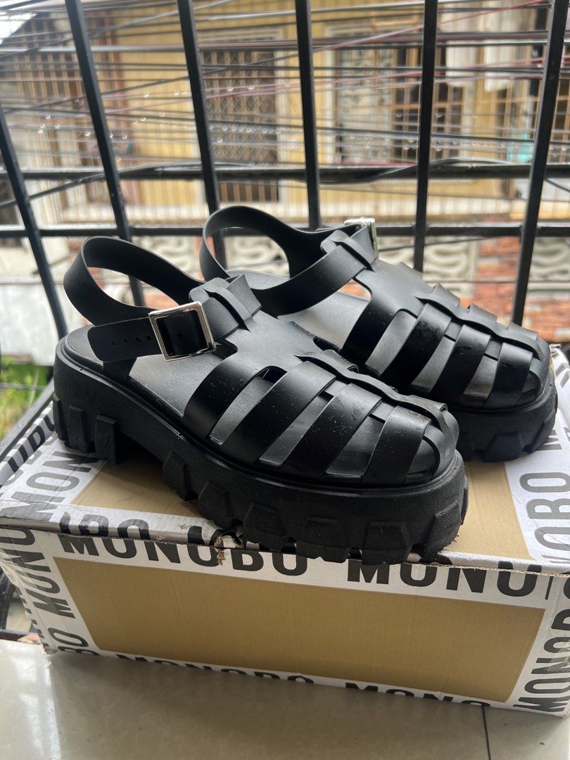 MONOBO Black Chunky Platform Fisherman Sandals (Category: Sandals) located in Paranaque City. Submitted by mul_ann (Listing ID 1453675964, Image 3). Description: - Black fisherman sandals - Chunky platform sole - Adjustable ankle strap with silver buckle - Woven strap design - Comfortable for everyday wear - Includes original box and tissue paper.