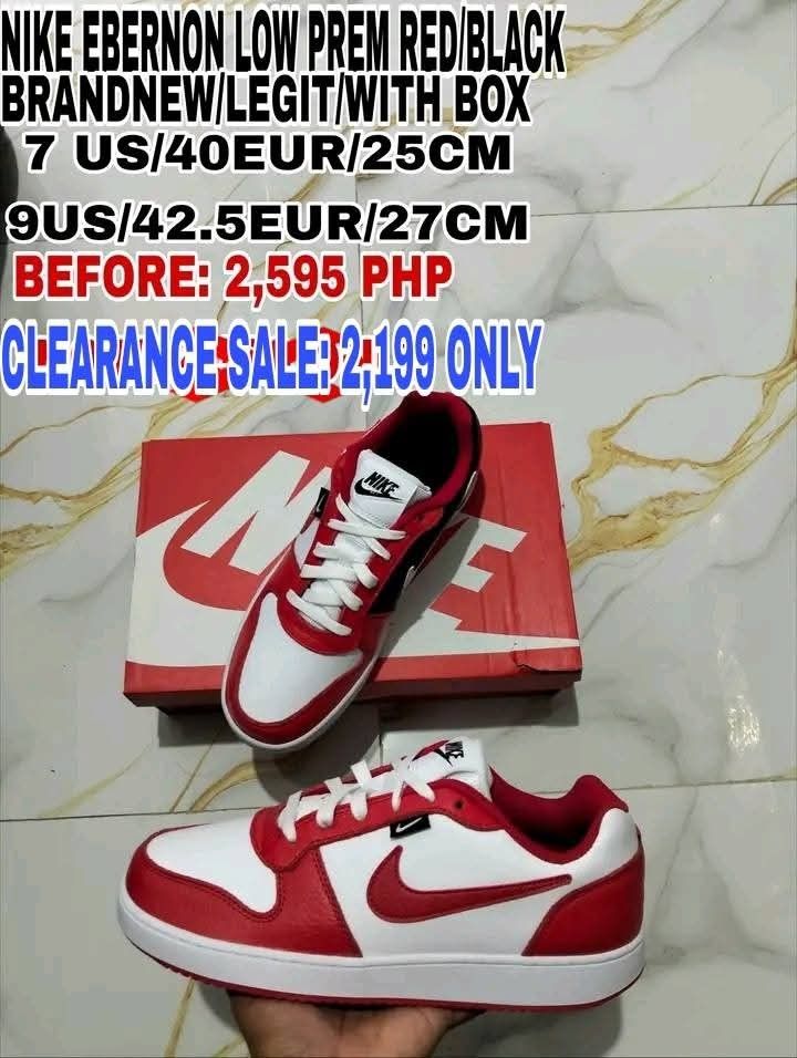 Nike Ebernon Low Prem Red/Black Shoes (Category: Sneakers) located in Cavite. Submitted by wafull29 (Listing ID 1453672342, Image 1). Description: - Brand New Nike Ebernon Low Prem - Color: Red & Black - 100% Legit, comes with original box - Available Sizes: - US 7 (40 EUR / 25CM) - US 9 (42.5 EUR / 27CM) - Clearance Sale Price: 2,199 PHP (Original Price: 2,595 PHP) - Don't miss out on this amazing deal!.