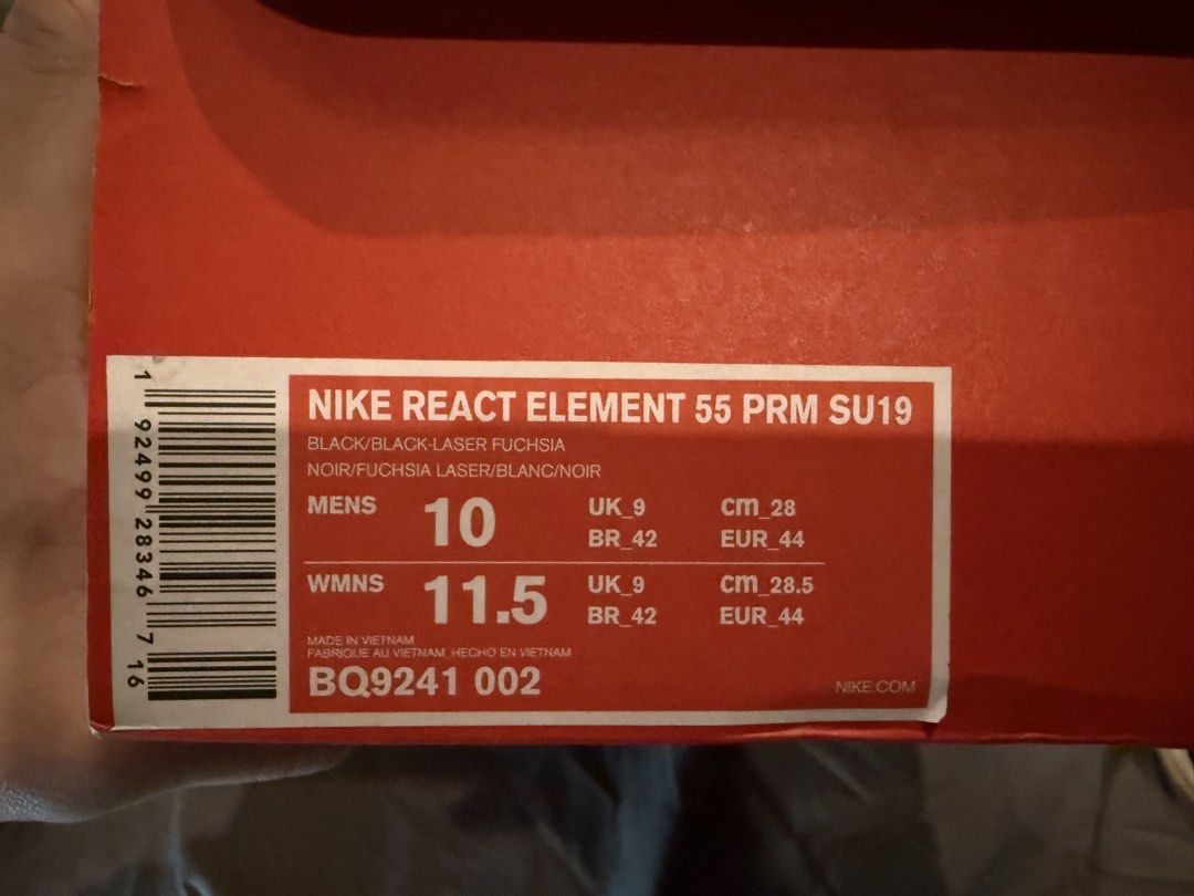 Nike React Element 55 PRM SU19 Black Laser Fuchsia (Category: Sneakers) located in Manila. Submitted by brent_ledd (Listing ID 1453782450, Image 1). Description: - Nike React Element 55 PRM SU19 - Colorway: Black/Black-Laser Fuchsia - Men's Size: 10 US - Women's Size: 11.5 US - Made in Vietnam - Includes Original Box.