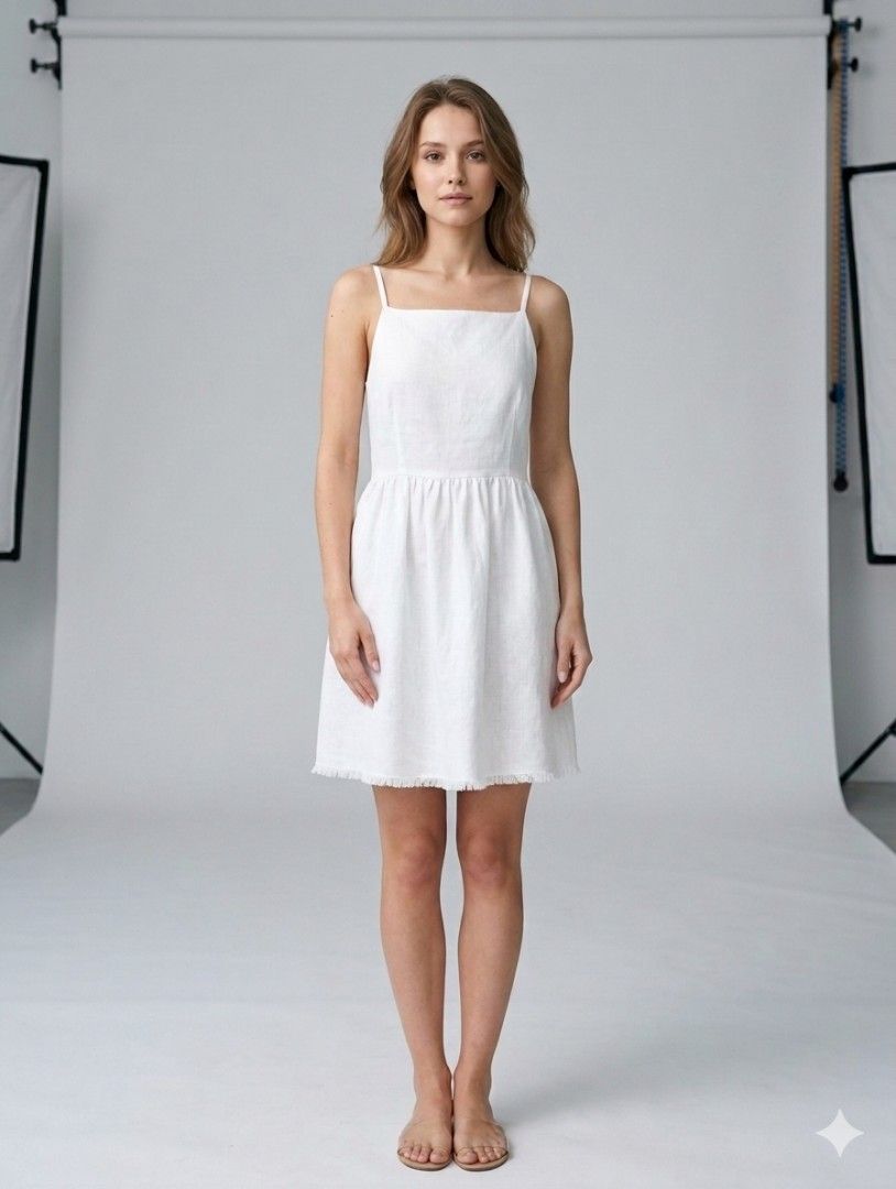 Old Navy White Linen Blend Spaghetti Strap Mini Dress (Category: Dresses) located in Pasig City. Submitted by kat_grande (Listing ID 1453634710, Image 2). Description: - White mini dress from Old Navy - Spaghetti straps & square neckline - Smocked back with side zipper - Frayed hem detail - Ideal for summer or layering - Extra Small to Small Measurements: Chest/Pit-to-Pit: 15.5 to 16.5 inches Waist Width: 12.5 to 13.5 inches Length: 33 inches.