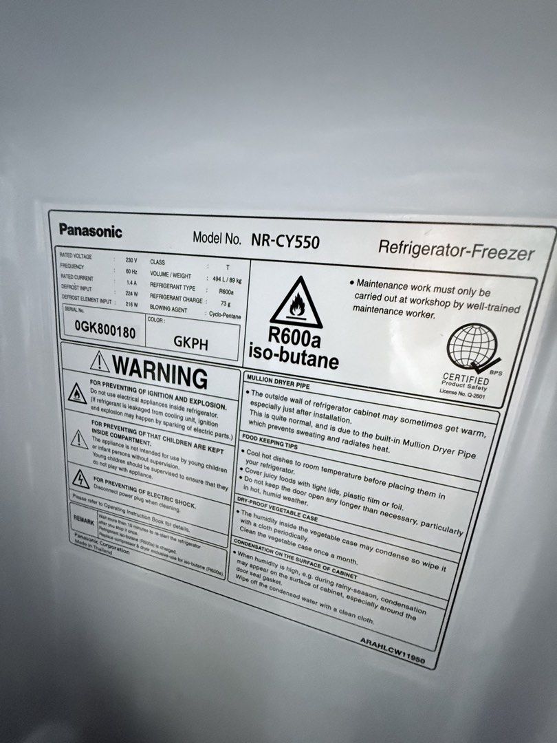 Panasonic Refrigerator-Freezer NR-CY550 Black (Category: Refrigerators and Freezers) located in Taguig. Submitted by lalacuison (Listing ID 1453646028, Image 3). Description: - Panasonic Refrigerator-Freezer - Model: NR-CY550 - Color: glass front - black/blue - Style: French Door with Bottom Freezer Drawer - Condition: Works well, plenty of interior space - Reason for Selling: Moving Panasonic NR-CY550 The Panasonic NR-CY550 is a 494-liter (17.4 