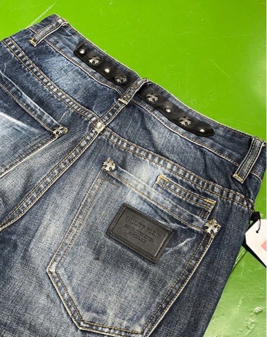 Philipp Plein - Leather Cross buckle (Category: Jeans) located in Lucban. Submitted by tnezerper (Listing ID 1453708808, Image 1). Description: Condition: Excellent Color rate: 9.5/10 Dimes: 30 W, 41 L, 6 leg hole Issue: Need wash (Left Knee) .