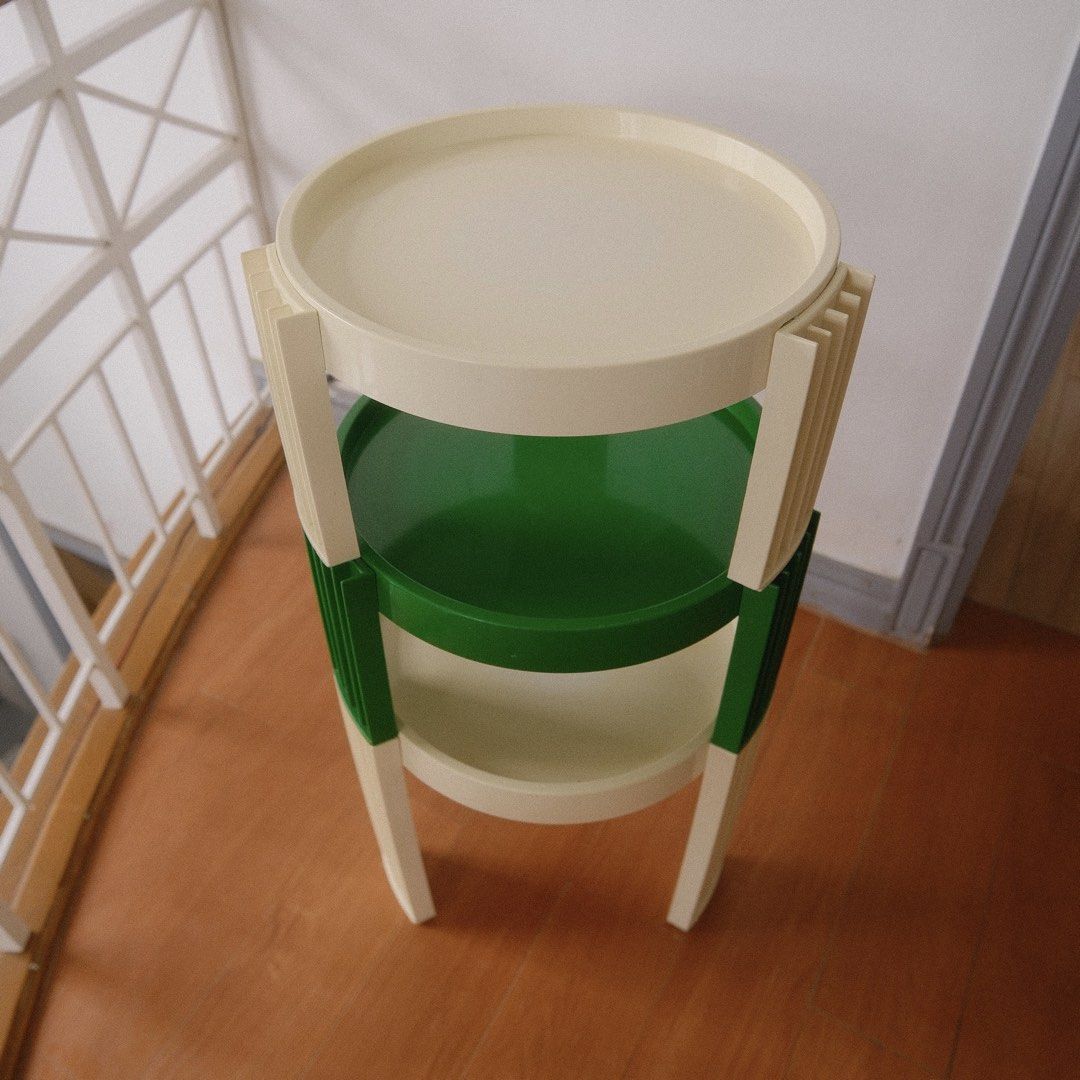 Postmodern Round Side Tables / Coffee Tables | Set of 3 (Category: Tables & Sets) located in Antipolo. Submitted by jillban (Listing ID 1453663659, Image 3). Description: Unique postmodern-inspired side tables with a sculptural fluted-leg design and raised-edge round top. Perfect for retro, eclectic, Space Age, or colorful interiors. Details: * Set of 3 tables * 2 cream / off-white + 1 green * Sculptural fluted legs * Round tray-style tabletop * 
