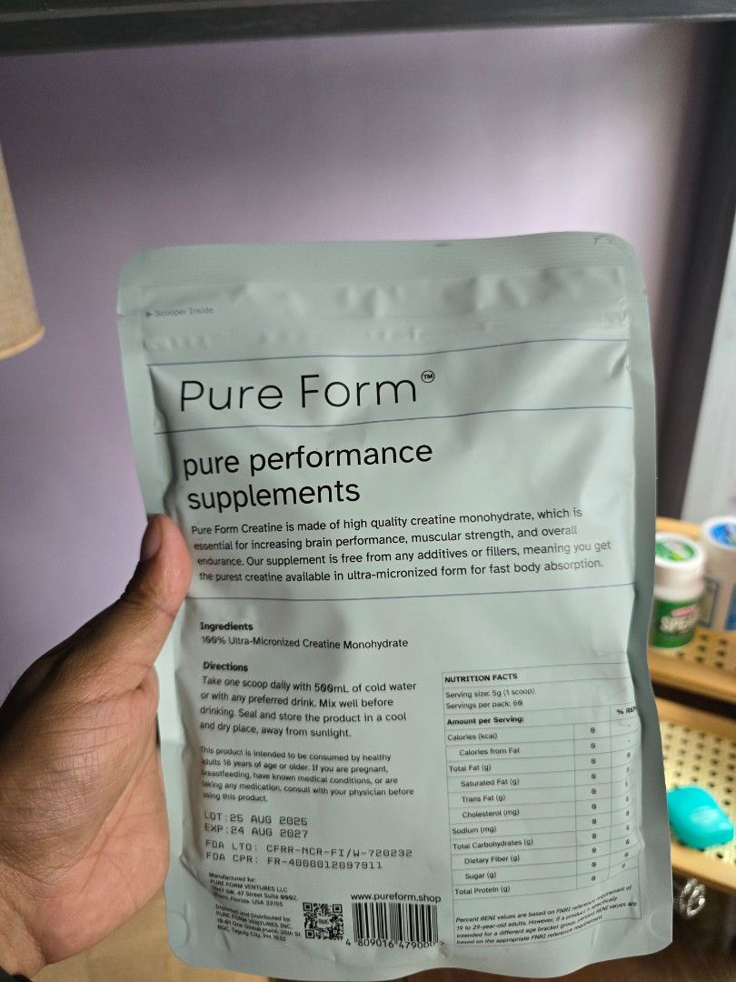 Pureform Creatine Monohydrate 300 g Sealed (Category: Sports & Fitness Nutrition) located in Quezon City. Submitted by kanorrs27 (Listing ID 1453741202, Image 2). Description: For sale Pureform Creatine Monohydrate Aug 2027 Expiry Slightly Negotiable Near SM Novaliches QC.