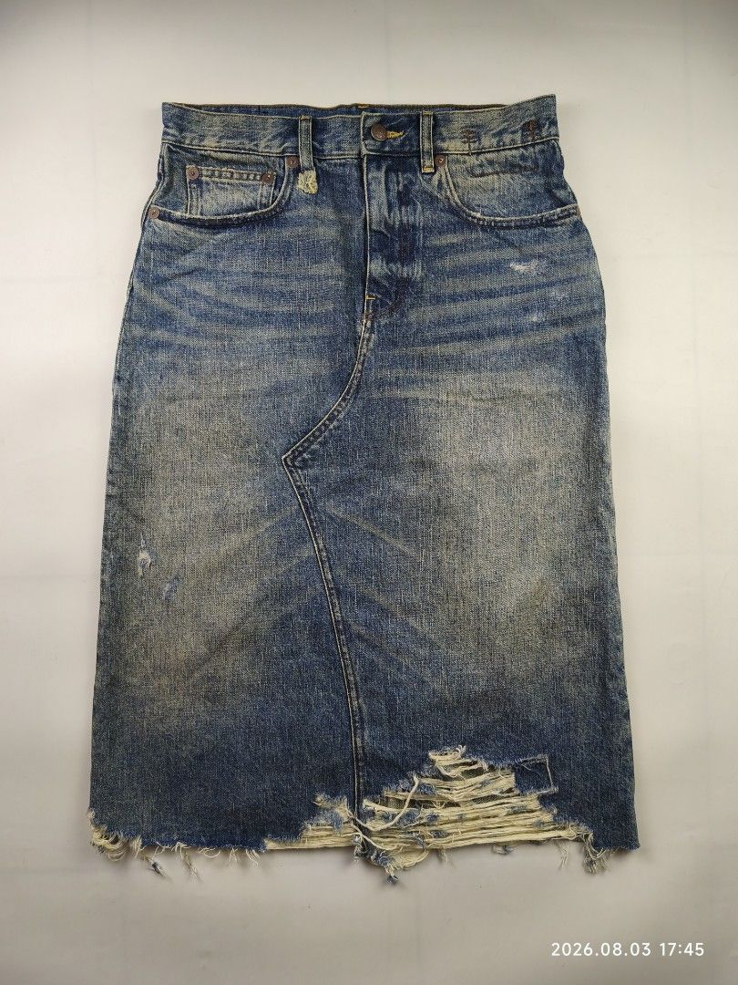 R13 jesse denim skirt - clinton blue (Category: Skirts) located in Manila. Submitted by corner_finds (Listing ID 1453763907, Image 2). Description: size 26 on tag waistline 30' length 29' distressed edge belt loops knee length 100% cotton no flaws still in great condition no inclusions item only can send more photos upon request 1999+sf dm.