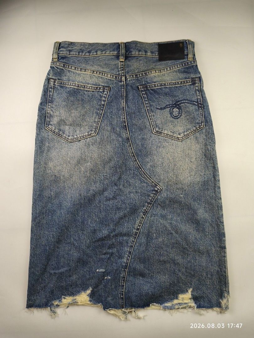 R13 jesse denim skirt - clinton blue (Category: Skirts) located in Manila. Submitted by corner_finds (Listing ID 1453763907, Image 3). Description: size 26 on tag waistline 30' length 29' distressed edge belt loops knee length 100% cotton no flaws still in great condition no inclusions item only can send more photos upon request 1999+sf dm.