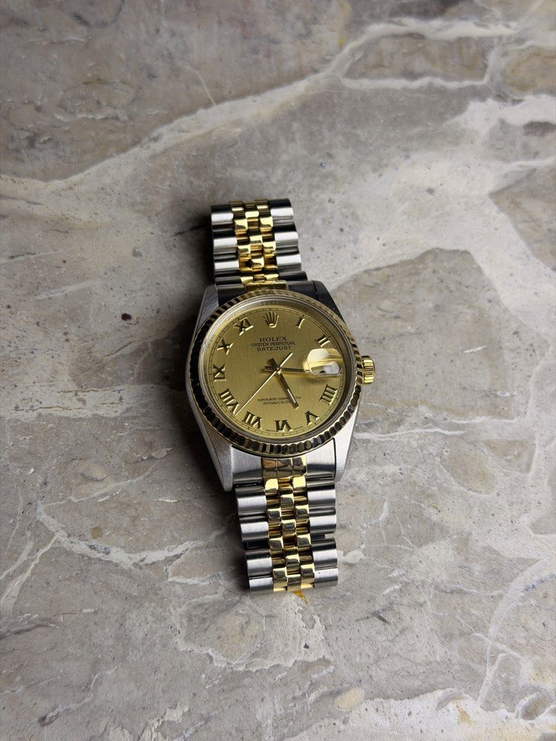 Rolex Datejust 36 (Category: Luxury Watches) located in Quezon City. Submitted by LuxPieces (Listing ID 1453727514, Image 3). Description: Rolex Datejust RARE Linen Roman Champagne Dial Year 1996 Amazing condition Ref. 16233 Watch only 345k only.