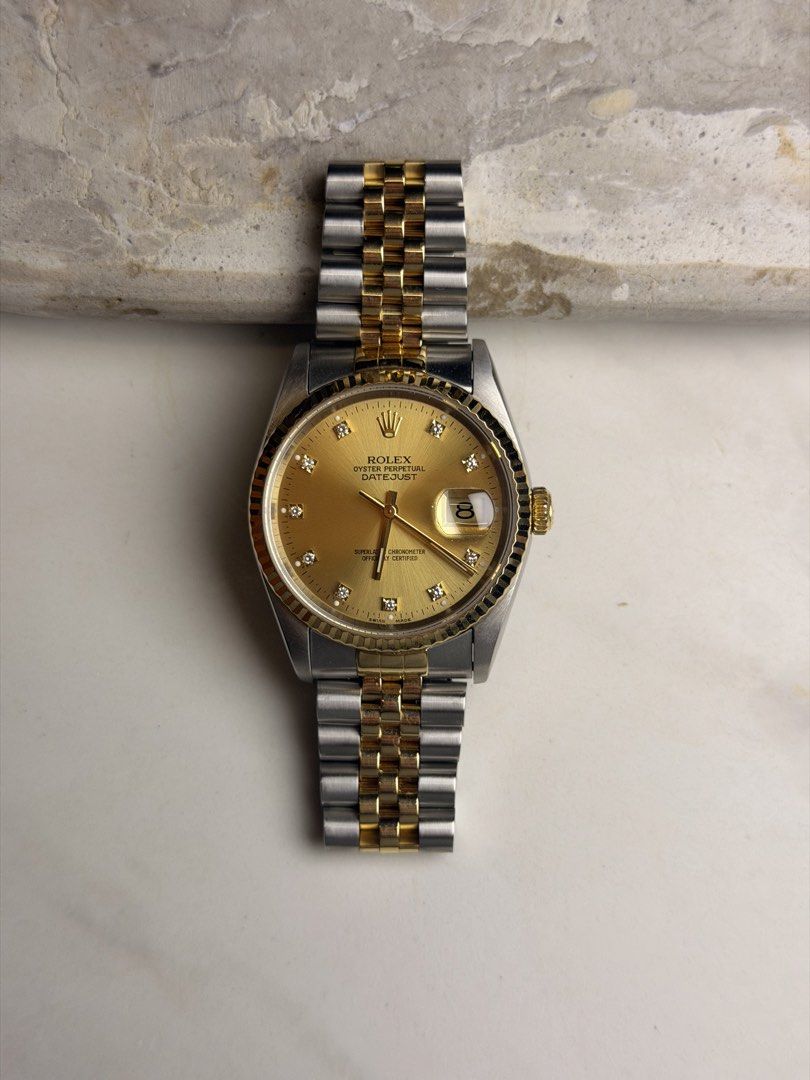 Rolex Datejust Diamonds (Category: Luxury Watches) located in Quezon City. Submitted by LuxPieces (Listing ID 1453730104, Image 3). Description: Rolex Datejust Champagne Diamonds Dial Ref. 16233 Size 36mm Watch only Year 1994 345k only Amazing condition.