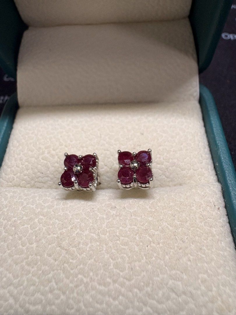 Ruby Flower Stud Earrings (Category: Earrings) located in Singapore. Submitted by Discoverme (Listing ID 1453768341, Image 1). Description: ❤️ Natural Ruby Flower Stud Earrings | S925 Sterling Silver | Certified Add a touch of classic elegance with these beautiful Natural Ruby Flower Stud Earrings. Each earring is crafted from S925 sterling silver and features genuine natural rubies arranged in a delicate four-petal flower, creating a vibrant and