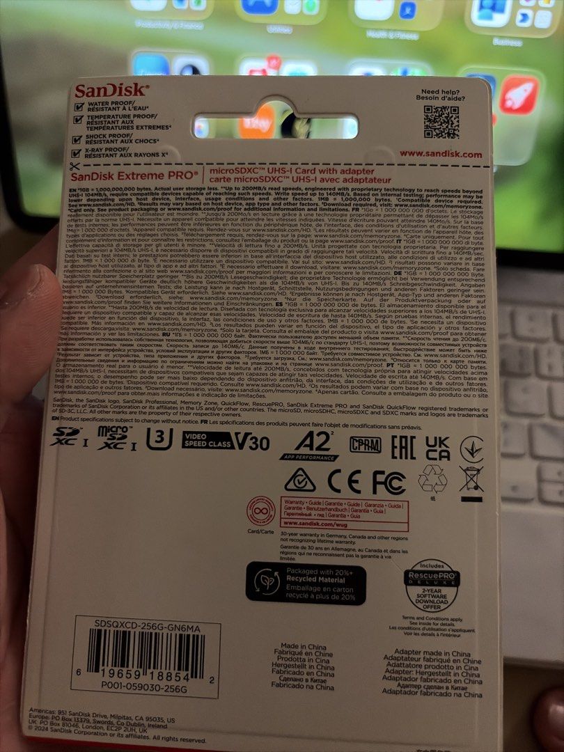 Sandisk Extreme Pro (Category: Memory & SD Cards) located in Manila. Submitted by gigamanila14146 (Listing ID 1453771654, Image 2). Description: - Brand: SanDisk - Model: Extreme PRO microSDXC - Capacity: 256GB - Speed: Up to 200MB/s read, 140MB/s write - Includes adapter - UHS-I technology - Ideal for smartphones, cameras, and more.