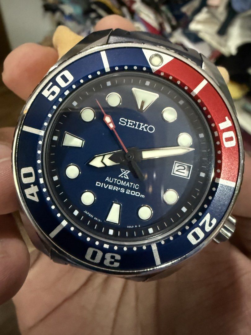 Seiko SBDC057 “Pepsi Sumo” Automatic Diver's 200m (Category: Men's Watches) located in Manila. Submitted by mcshutterlovin (Listing ID 1453696278, Image 2). Description: RFS: no wrist time Complete with box and original bracelet. Free Crafter Blue strap (attached) JDM model Blue Dial with Pepsi Color Bezel Luminescent hands and indexes Curve Hardlex Glass Antimagnetic by 4,800A / m. folding clasp with push button Rotating bezel Stainless steel ca