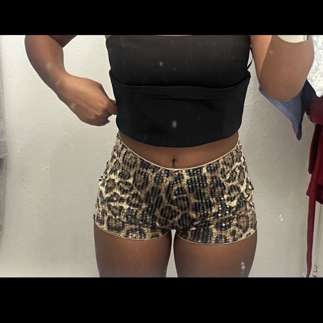 Sequin Leopard Print Hot Micro shorts (Category: Shorts) located in Manila. Submitted by l0vecor3 (Listing ID 1453778143, Image 2). Description: - Sparkly leopard print hot pants - Covered in sequins for maximum shine - High-waisted fit - Ideal for parties or a night out - Fun and eye-catching design.