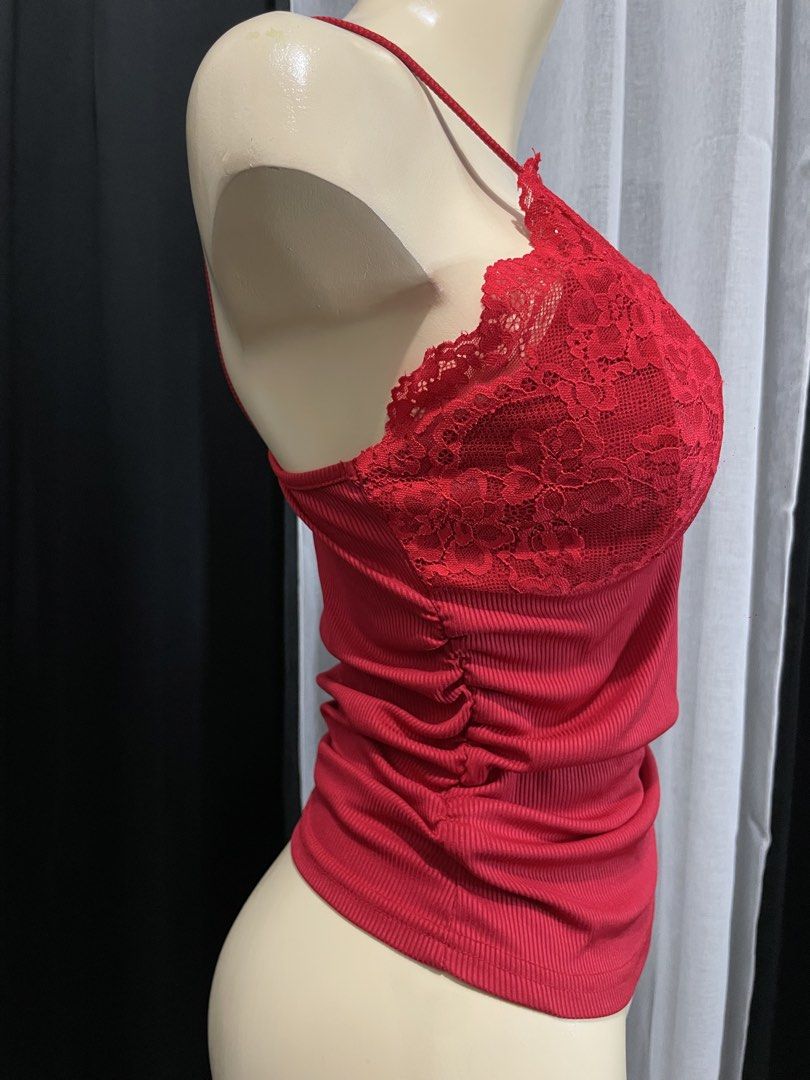 SHEIN Red Lace Trim Ribbed Camisole Top (Category: Sleeveless) located in Manila. Submitted by bbxckz (Listing ID 1453662992, Image 2). Description: Shein lace top — bnew condi Size M pero fit to small body hugging din yan sha Ganda ng fit nyan huhu once used natambak langs.
