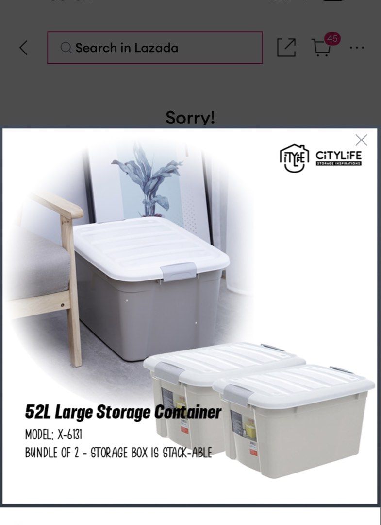 Stackable Storage Boxes with Lids (Category: Storage Boxes & Baskets) located in Singapore. Submitted by miamialee77 (Listing ID 1453677454, Image 2). Description: 6 x 52L Sturdy large storage containers - 58 x 38 x 30cm, selling each for $7, whole set for $36 Great to storage items you want to keep clean like clothing, toys etc unlike the fabric boxes which can have dust-mites over time . I used them when we moved house, to storage clothes to ke