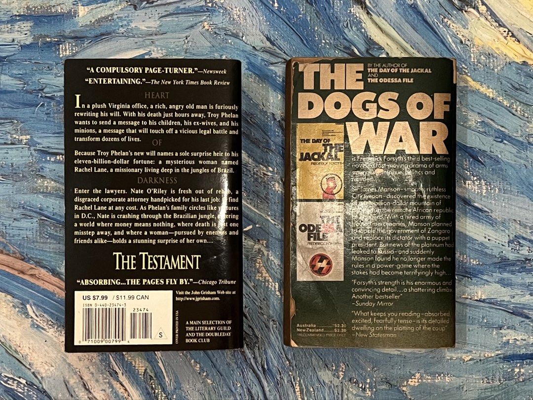 “The Testament” by John Grisham Book Bundle (Category: Storybooks) located in Quezon City. Submitted by katchierandomness (Listing ID 1453626683, Image 2). Description: “The Testament” by John Grisham - like new, page edges have yellowed. “The Dogs of War” by Frederick Forsyth - well-used, cover has major flaws, page edges have yellowed. Price is for both books. You can pay via GCash, Maya or BPI QR code..