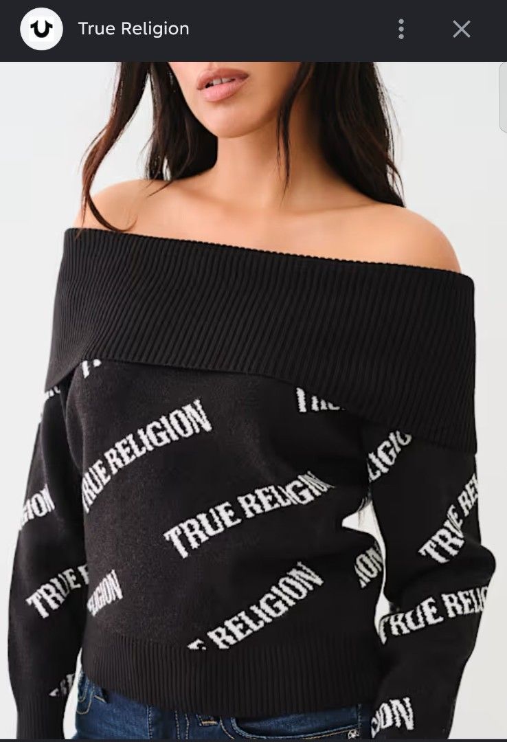 TRUE RELIGION OFF-SHOULDER ALL OVERPRINT SWEATER (Category: Longsleeves) located in Tacloban City. Submitted by tactripp (Listing ID 1453788525, Image 1). Description: Size Small on tag w -18 L - 20.5 Excellent Condition No issue.