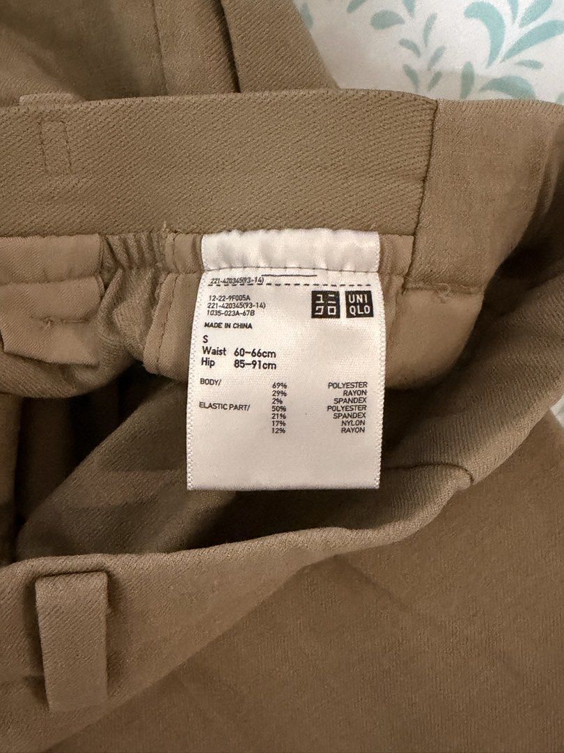 Uniqlo Beige Tailored Pants Size S (Category: Other Bottoms) located in Manila. Submitted by reginemariev (Listing ID 1453709615, Image 2). Description: - Uniqlo Beige Tailored Pants - Size: S - Waist: Elastic, fits 60-66cm - Hip: Fits 85-91cm - Material: Polyester Blend - Origin: Made in China.