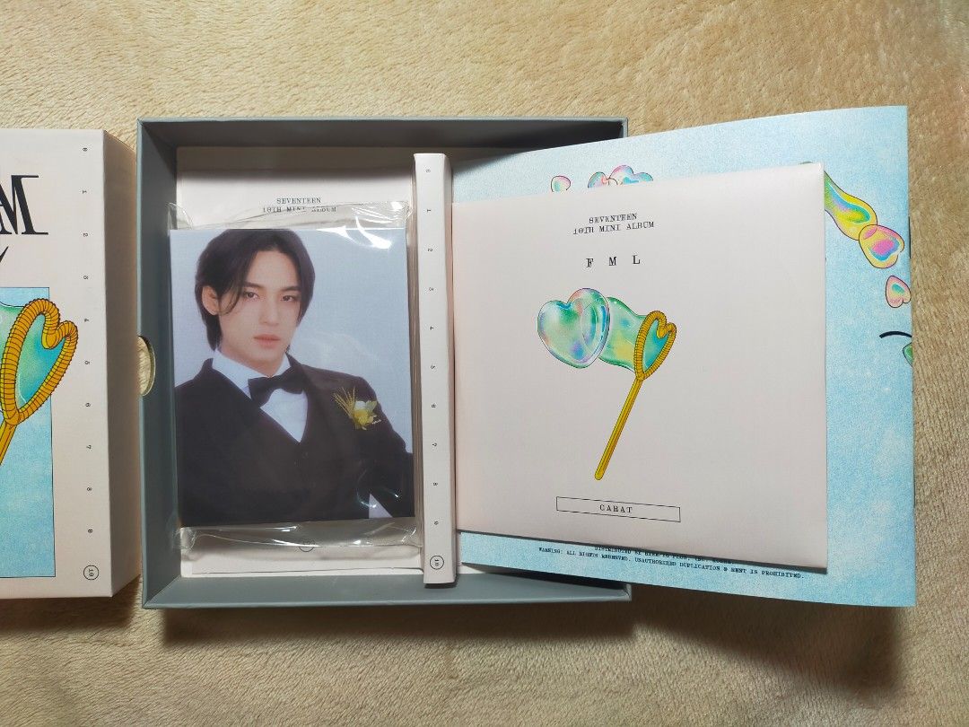 (Unsealed) SEVENTEEN FML Carat Version Album (Category: K-Wave Merchandise) located in San Jose del Monte. Submitted by melona.c (Listing ID 1453767249, Image 2). Description: Unsealed SVT FML Album Available: Jeonghan | Mingyu Inclusion: - Outer box - Mini photocard binder - Lyric book - CD Location: North Caloocan Note: the price indicated is per piece/member.