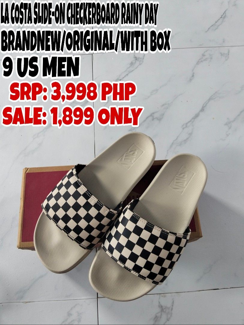 Vans La Costa Slide Checkerboard Rainy Day Slides (Category: Slippers & Slides) located in Cavite. Submitted by wafull29 (Listing ID 1453692610, Image 1). Description: Checkerboard Vans La Costa slides. Original with box. Men's US size 9. Original price was 3,998 PHP. Selling for 1,899 PHP only..