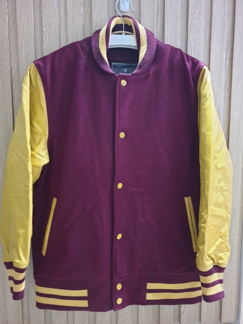 Varsity Jacket plain (Category: Coats, Jackets and Outerwear) located in Tagaytay City. Submitted by ladyprinceww1984 (Listing ID 1453722265, Image 1). Description: - Burgundy and yellow varsity jacket - Quilted lining for extra warmth. - Classic button-up front. - Ribbed cuffs and collar for a snug fit. - Size Medium..