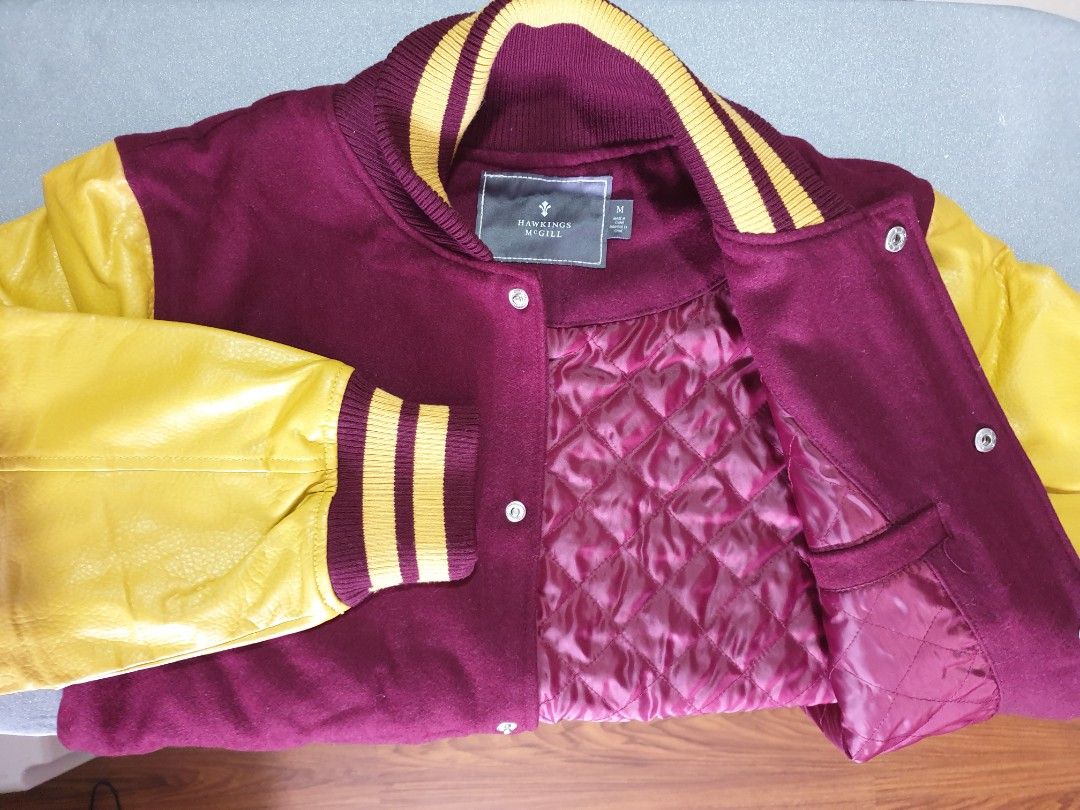 Varsity Jacket plain (Category: Coats, Jackets and Outerwear) located in Tagaytay City. Submitted by ladyprinceww1984 (Listing ID 1453722265, Image 2). Description: - Burgundy and yellow varsity jacket - Quilted lining for extra warmth. - Classic button-up front. - Ribbed cuffs and collar for a snug fit. - Size Medium..