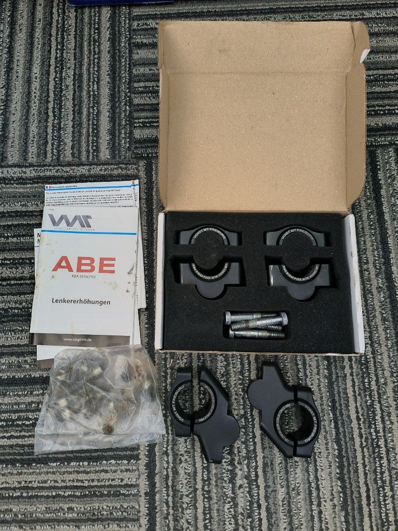 Voigt Riser (Category: Motorcycle Accessories) located in Singapore. Submitted by zetcoy (Listing ID 1453693577, Image 1). Description: - Voigt handlebar risers - Black finish - Includes mounting hardware - Enhances riding comfort Both for $150.